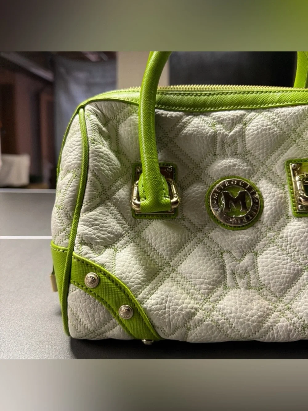 Metrocity Italy White‎ Lime Green Quilted Leather Satchel Handbag Gold Hardware